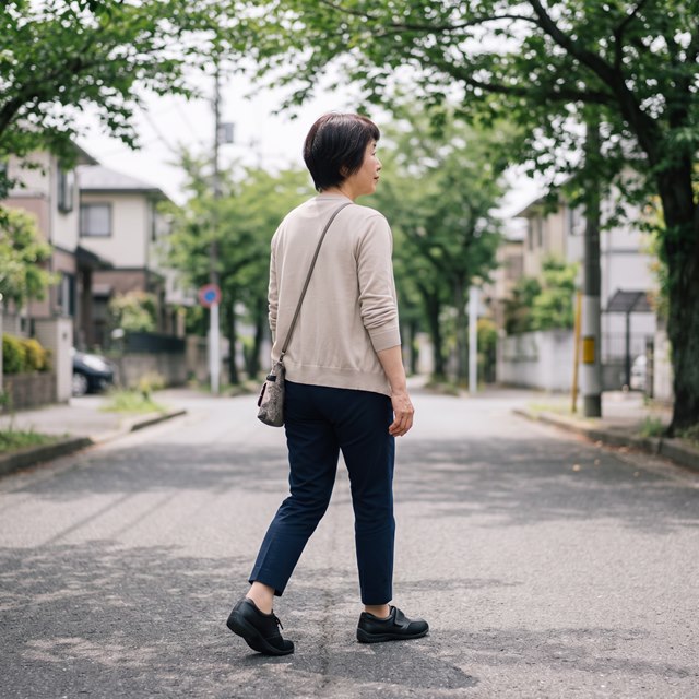 インソールを入れた靴で、街路樹の道を歩いているところ